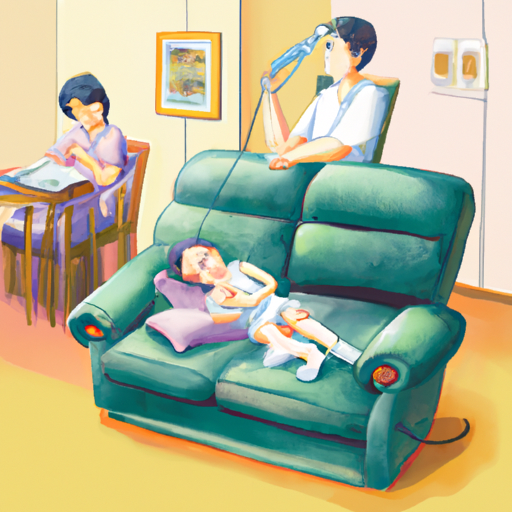 ילד נח על ספה עם הורה עוקב אחר מצבו לאחר התעלפות